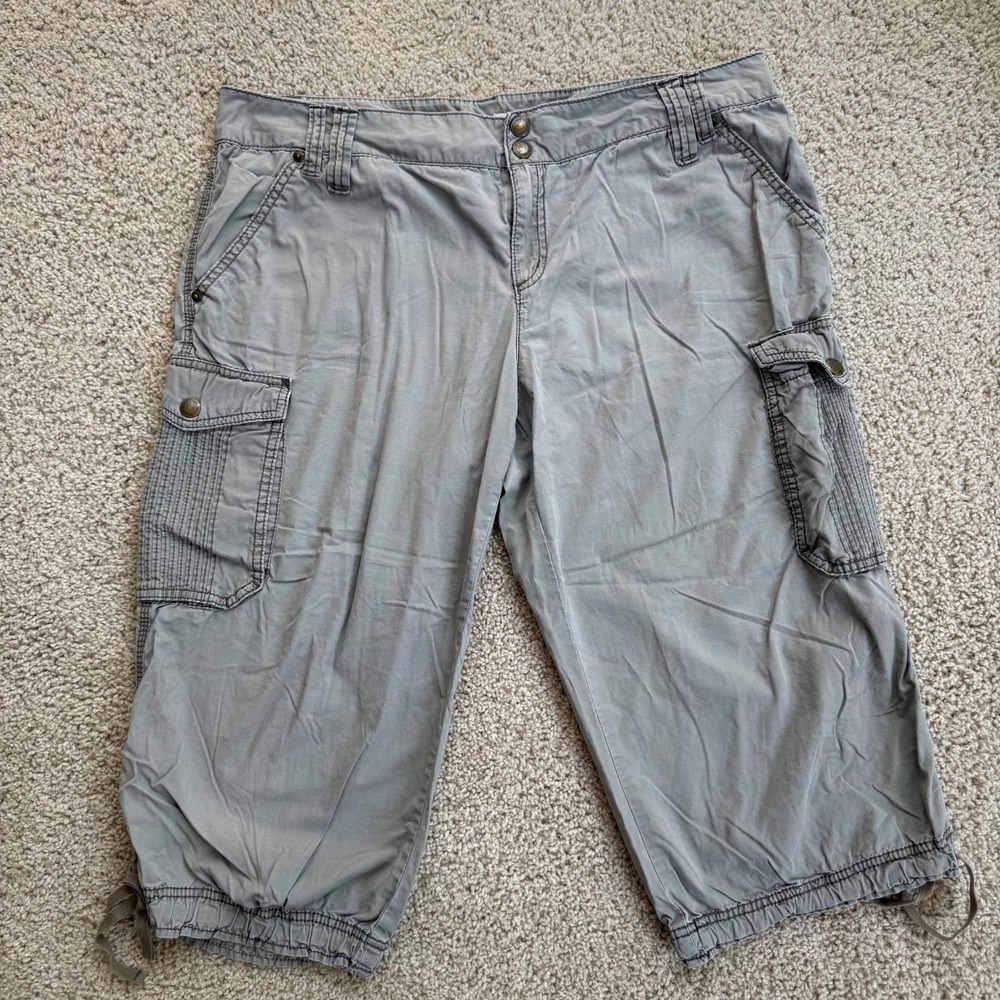 DKNY Jeans Cargo Capris Women 16 Gray Utility Cropped Pants Drawstring Hem